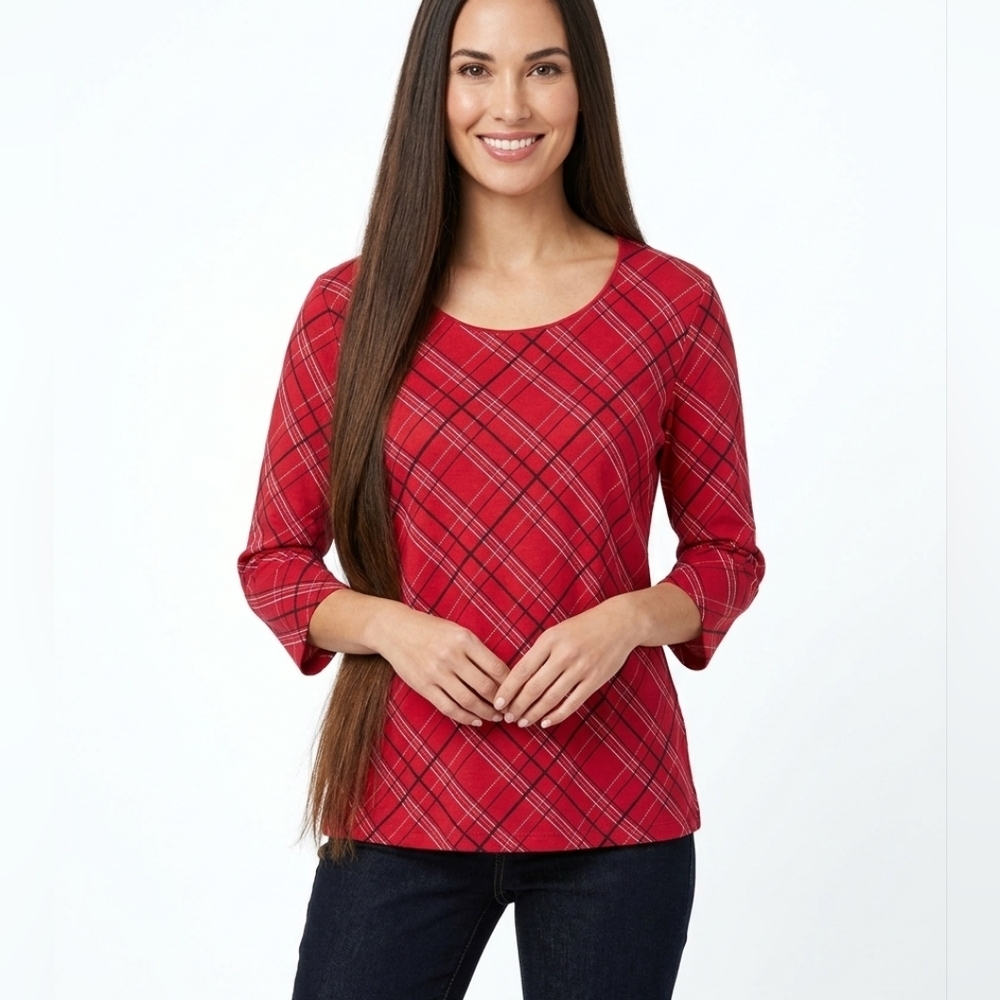 💚SALE💚 Karen Scott Red Plaid Scoop Neck Long Sleeve Top